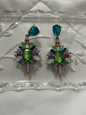Multicolor Crystal Statement Earrings with Green Center